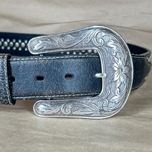 Nocona Belt Mens M Black Distressed Leather Embroidered Studded Engraved Buckle